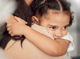 Image showing Child girl, hug and protection for holding mother, doing embrace and being sad. Black mother, nanny and daughter have quality time, safety and fear being moody, grief and disappointed with consoling.