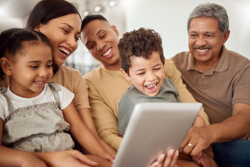 Image showing Parents, children and grandfather with tablet on sofa in house or family home living room for zoom call, internet game or streaming. Smile, happy and bonding woman, men and kids with movie technology