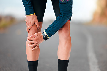 Image showing Sports, fitness knee injury and exercise on road for summer training workout for marathon competition race. Runner leg pain, muscles tear and joint swelling or muscle fatigue in a running competition