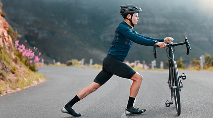 Image showing Man, bicycle and fitness stretching before cycling on road outdoor with training for race or competition. Sport athlete workout, cardio and exercise body for health, wellness and start bike ride