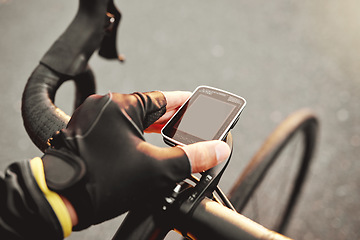 Image showing bicycle speedometer, sports man and speed check on bike ride wellness training in urban city streets. Cycling athlete fitness lifestyle, training for marathon and track bike ride distance outdoors