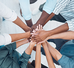 Image showing Partnership hands, motivation and team building trust for success, deal and support goals together. Closeup group business people, teamwork and winner achievement celebration, mission and diversity