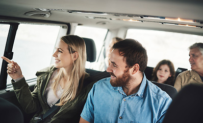 Image showing Travel, car and big family on road trip journey together with children and grandparents for transportation, adventure and holiday. Excited, happy and sightseeing people with kid in a van driving