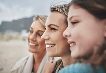 Image showing Happy family, travel and girl, mother and grandma bonding on a beach in mexico, happy and relax while smiling on vacation. Love, family and generations with face of ladies enjoy ocean view together