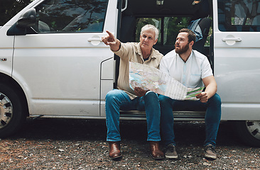 Image showing Road trip, map or lost men pointing in travel car, van or moving camper on Australian forest woods street. Traveling, mature father or man thinking of location gps ideas or confused by tourist paper