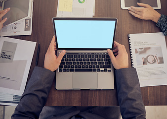 Image showing Blank, computer planning and businessman green screen with mockup of laptop monitor in a meeting. Working, team planning and work web research of a business man writing a email or IT coding mock up