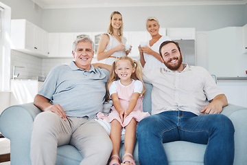 Image showing Relax, smile and portrait of happy big family sitting on sofa in the living room of their home. Happiness, grandparents and parents with girl child from Canada resting and bonding with love in lounge