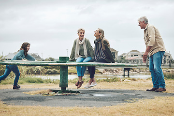 Image showing Playground, family and happy people in a nature play park with a mom, child and grandparents. Mother with children feeling happiness, love and kid care outdoor with a smile laughing together