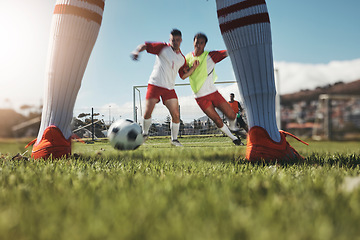 Image showing Sports game, football field action and legs of soccer player in competition, fitness practice or cardio health workout. Competitive sport, exercise shoes and training man or athlete on grass pitch