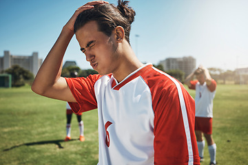 Image showing Sport fail, soccer team loss and athlete angry about sports game results on a outdoor field. Football, soccer player and teamwork upset after exercise, workout and training for fitness and cardio