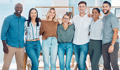 Image showing Diversity, smile and happy teamwork in a startup marketing and advertising office. Collaboration, portrait and motivation team in a creative workplace with support, vision and trust in a workplace