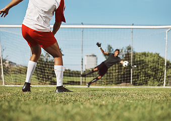 Image showing Sports man, soccer training and goal kick by soccer player on a soccer field with goalkeeper, energy and power. Football player, football and target practice professional athlete in performance game