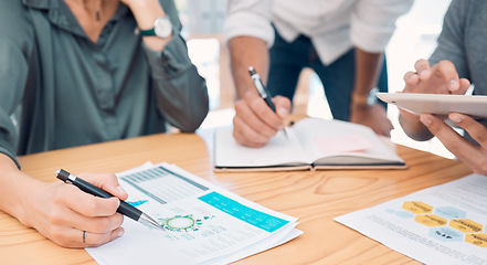 Image showing Business, group and hands for data on chart, analytics and graph for information in finance on desk. Teamwork, meeting and writing on document for financial strategy, planning and economy of market