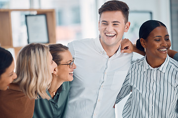 Image showing Happy, work friends and business people laughing together at a team building, meeting or celebration. Happiness, diversity and success of team in collaboration on corporate company project in office.