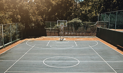 Image showing Empty basketball court, field or training ground for match, game or competition. Sports venue, stadium or sports court for practice, workout or exercise, recreation or activities outdoors from above.