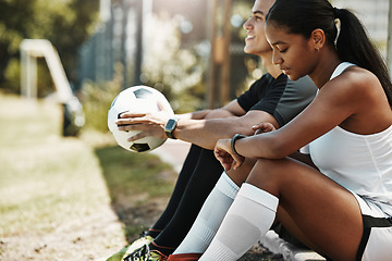 Image showing Fitness, smartwatch and soccer couple check time, pulse and heart rate with technology after exercise, training or practice. Man, woman or rest with football, cardio or sport workout outdoor on field