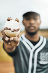 Image showing Sports, baseball and hands of man with ball for game match, performance competition or fitness practice. Softball motivation, focus and portrait of athlete ready for exercise, training or workout