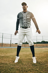 Image showing Jump on field, baseball player man on court and training for sports game performance in Houston. Softball exercise on grass, strong young club athlete and fitness on pitch in winter and fast energy