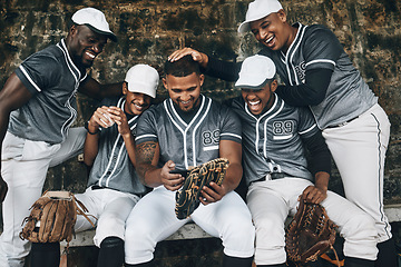 Image showing Baseball team, sports men or mobile smartphone with funny internet joke, social media meme or comic app. Smile, happy or laughing softball players with ball, mitt gloves and 5g technology for fitness