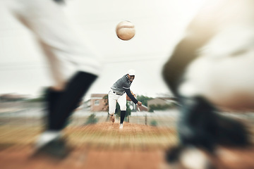 Image showing Baseball, fast ball and sport athlete throwing in a sport, exercise and workout training in a game. Fitness, sports and teamwork cardio of a baseball player with a team together on a outdoor field