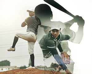 Image showing Motion, baseball and sports man in action on baseball field with exposure for pitch movement. Motivation, determination and focus for practice, training and softball game on art design for fitness