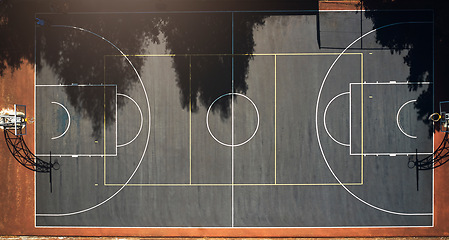 Image showing Basketball court, sports background and outdoor community playground for competition, training ground and ball game. Aerial view, outline, net and top floor space of urban performance stadium