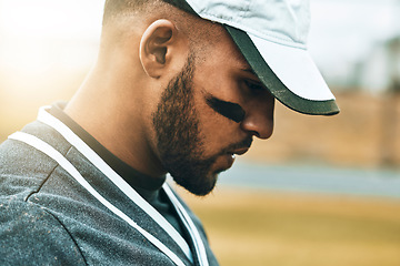 Image showing Baseball player, face and thinking of game strategy in fitness, workout and training on grass field pitch. Zoom, sports man or softball player in match exercise with stress, anxiety or mental burnout