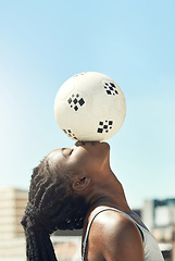 Image showing Soccer, ball and head balance of a black woman doing fitness outdoor for sports. Football, exercise and workout training before a game with calm, mindfulness and relax athlete for health