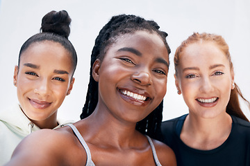 Image showing Friends, selfie and fitness women relax after training, sports and exercise against a white background. Diversity, face and lady portrait after workout session, happy, cheerful and smiling for photo