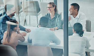 Image showing Business people, boardroom meeting and discussion at the office in team communication for sharing ideas. Creative group of employee workers in conference planning and collaboration at the workplace