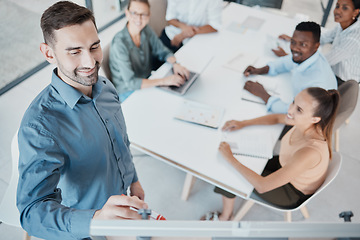 Image showing Leadership, diversity and presentation team training, business coach with startup workers writing on white board. Coaching in office, men and women sharing vision, idea and planning business strategy