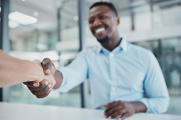 Image showing Business people shaking hands with black man for deal, thank you and teamwork success in startup agency. Partnership handshake, meeting collaboration or contract celebration for promotion opportunity