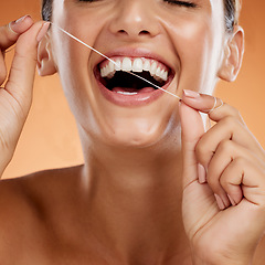 Image showing Teeth floss, dental healthcare and mouth care of a happy woman smile about healthy practice. Happiness of a person using a clean, beauty and flossing oral treatment for clean results for Invisalign