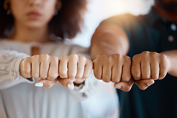 Image showing Hands, black people and fist for teamwork, support or solidarity for common goals, mission or target. Trust, unity or business people fist bump for collaboration, team building or motivation together