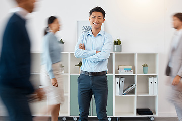 Image showing Business, corporate worker and happy asian manager with smile in busy accounting audit company office. Portrait of young businessman, finance employees and management leader with proud arms crossed