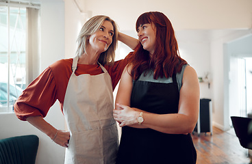 Image showing Small business, women in salon and success in hair salon startup partnership. Growth, development and vision, hairdresser business owner partners or friends working together in hair care team in shop