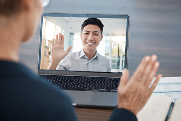 Image showing Business people wave in a video call meeting via laptop networking, talking and planning a development project. Smile, communication and Asian employee in a b2b partnership with a corporate manager