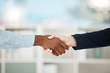 Image showing Handshake, deal and teamwork with business people in partnership to welcome, in agreement or hiring staff while shaking hands. Thank you, recruitment and b2b with an employee and colleague in unity