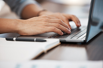 Image showing Typing, hands and man doing work on laptop in office with notebook on desk. Technology, internet and businessman with computer writing emails, working on project and type documents on keyboard