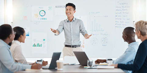 Image showing Marketing, presentation and leader in business meeting, planning and talking in boardroom. Manager sharing ideas, sales strategy or growth on charts, graphs or data statistics on whiteboard in office