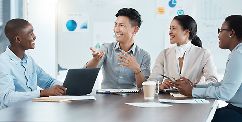 Image showing Planning, communication and business people in a meeting, happy and talking about marketing at a table. Smile, corporate and workers in partnership for innovation, strategy and goal for work