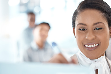 Image showing Black woman, writing and idea strategy on whiteboard with optimistic manager in business office. Brainstorming, development and notes in corporate finance company with happy girl management.