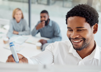 Image showing Black man, writing and board in office for meeting, presentation and planning in marketing, goal or vision. Businessman, smile and pen for drawing, corporate and advertising for team, company or work