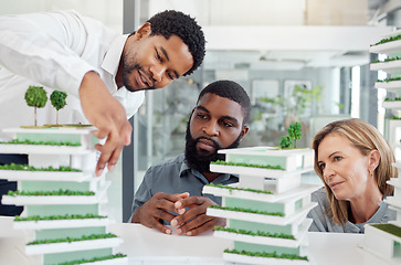 Image showing Architecture, model and employees meeting, planning and working on the design of a building at work. Creative, engineering and team of architects talking about an industrial project with 3d graphic