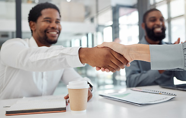 Image showing Handshake, collaboration and employees meeting, working and in celebration of business deal in office at work. Happy, smile and corporate workers shaking hands for success, partnership and contract