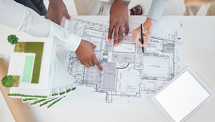 Image showing Top view, teamwork and architects hands on blueprint, model or building, architecture or construction project. Team, engineers and group planning development project, design sketch and tablet mockup