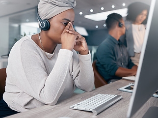 Image showing Stress, call center and customer service with a woman consultant suffering from burnout or a headache. Contact us, telemarketing and mental health with a female crm employee at work in the office