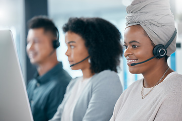 Image showing Call center with headphone, black woman and phone call in business for customer service or telemarketing. Desk with computer, consulting with worker, consultant or crm, communication and support