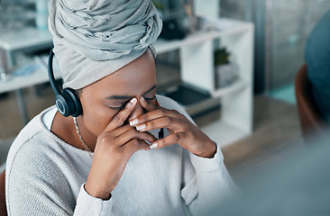 Image showing Customer service agent, stress and black woman with headache at work. CRM, telemarketing employee or call center consultant with anxiety, burnout and frustrated with deadline or 404 error in office.