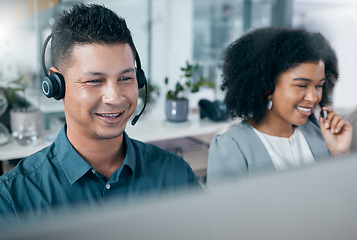 Image showing Call center, consulting and employees working, giving support and talking to people on the web at telemarketing company. Happy, smile and crm workers in customer service, sales or ecommerce business